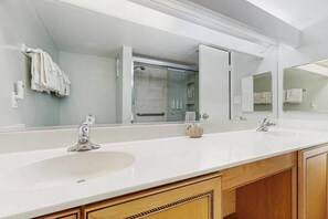 Shower, towels - Oceanfront Condo with Balcony, Central AC, WiFi, Washer/Dryer, and Shared Pool (Ocean City)