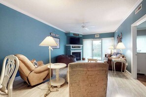 TV, fireplace, DVD player, offices - Bayside Condo with Large Balcony, Sunset Views, Gas Fireplace & Shared Pool (Ocean City)