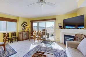 TV, fireplace, DVD player, offices - Ocean Block Condo with Central AC, WiFi, Gas Fireplace, W/D & Shared Pool (Ocean City)