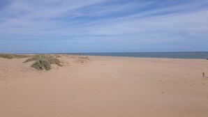 A beach with sand dunes and a clear sky.