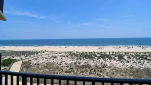 A beach view from a balcony with a clear sky, sandy beach, and sparse vegetation. - Newly updated, oceanfront condo with balcony, views & pool (Ocean City)