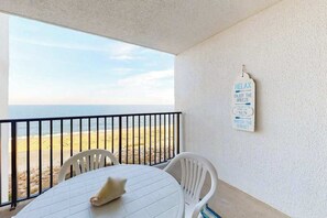 Outdoor dining - Oceanfront Condo with Sunrise Views, Balcony, AC, WiFi & Shared Outdoor Pool (Ocean City)