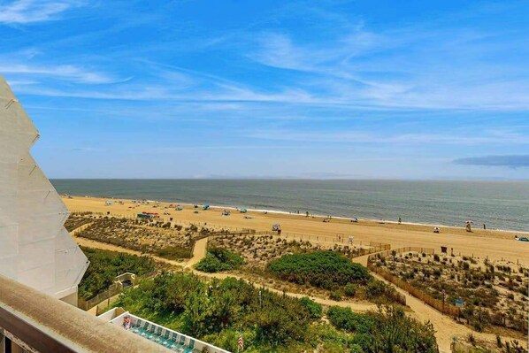 A beach view from a balcony with a clear sky, sandy beach, and some vegetation. - Bright, oceanfront condo with balcony, AC, laundry & outdoor pool (Ocean City)