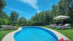 Piscina com espreguiçadeiras e guarda-sóis, rodeada por árvores.