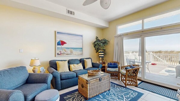 A living room with a sofa, armchairs, a coffee table, and a large window with a view. - Ocean Club 4007 (Ocean City)