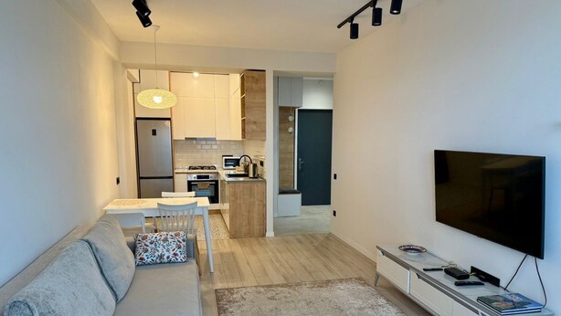 A modern apartment with a living room, kitchenette, and a dining area. - Cozy minimalistic apartment in Bagebi (T'bilisi)