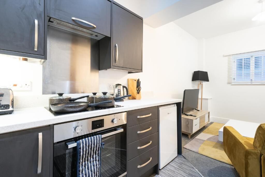 A compact kitchen with a stove, oven, and modern cabinetry.