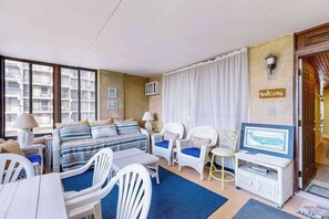 TV, fireplace, DVD player, offices - Beachfront condo with balcony, W/D, & outdoor pool (Ocean City)