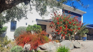 Un edificio moderno con fachada blanca, rodeado de un jardín con diversas plantas y una gran roca.