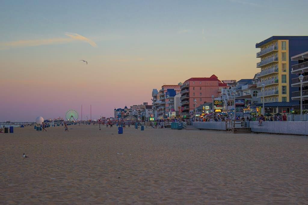 Una platja amb edificis, una noria i un passeig marítim.