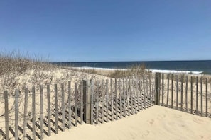 A sandy beach with a wooden fence and sparse vegetation. - Lorelei II 201 (Ocean City)
