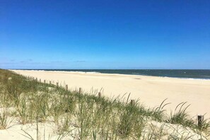Ein Strand mit Dünen und einem Holzzaun.