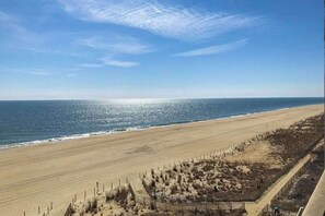 Ein Strand mit einem Zaun, blauem Himmel und dem Meer.