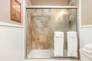 Shower, towels - Water View Condo with Patio, Central AC, W/D, Full Kitchen, & Free WiFi (Ocean City)