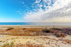 A beach with a wooden fence, sandy dunes, and a distant ship on the horizon. - Oceanfront Condo with Direct Beach View, Balcony, AC, WiFi & Laundry (Ocean City)