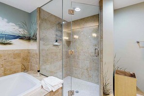 Shower, towels - Ocean & Bay View Condo with Balcony, Central AC, WiFi & Community Pool/Gym (Ocean City)