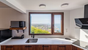 Une cuisine moderne dotée d’une grande fenêtre, d’un four encastré et d’un évier.