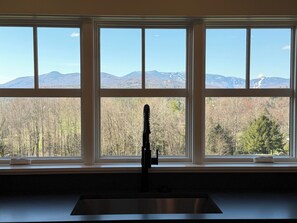 Eine Küche mit Spüle aus Edelstahl und Fenster mit Blick auf eine gebirgige Landschaft.