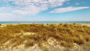 Ein Strand mit Dünen und einem Holzzaun.