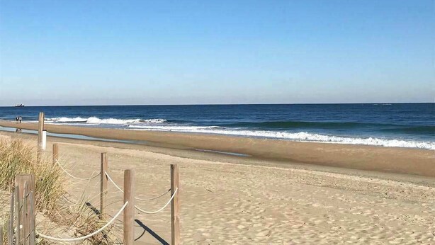 Ein Strand mit einer Holzumzäunung, blauem Himmel und dem Meer.