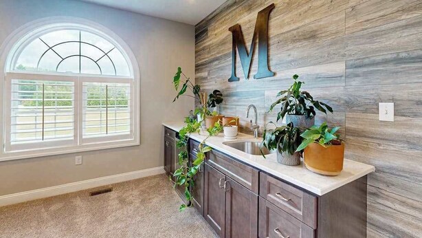 Una cocina con un gran muro de madera, una ventana con vistas y un lavabo con plantas.