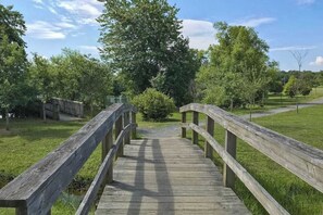 A wooden bridge leading to a grassy area with trees.