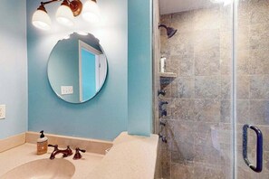 Shower, hair dryer, towels - Coastal condo with breathtaking views, balcony, fireplace, & W/D - pool access (Ocean City)
