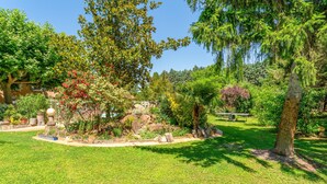 Un giardino curato con diverse piante e un tavolo da picnic.