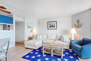 TV, offices - Oceanfront condo with a furnished balcony, central AC, washer/dryer, & pool (Ocean City)