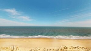 Een strand met een heldere lucht en een rustige zee.