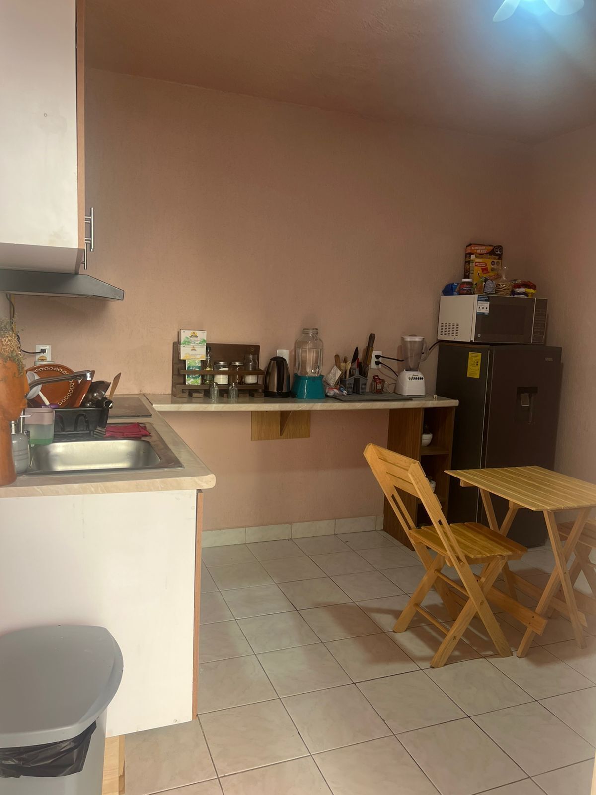 Fridge, microwave, cookware/dishes/utensils