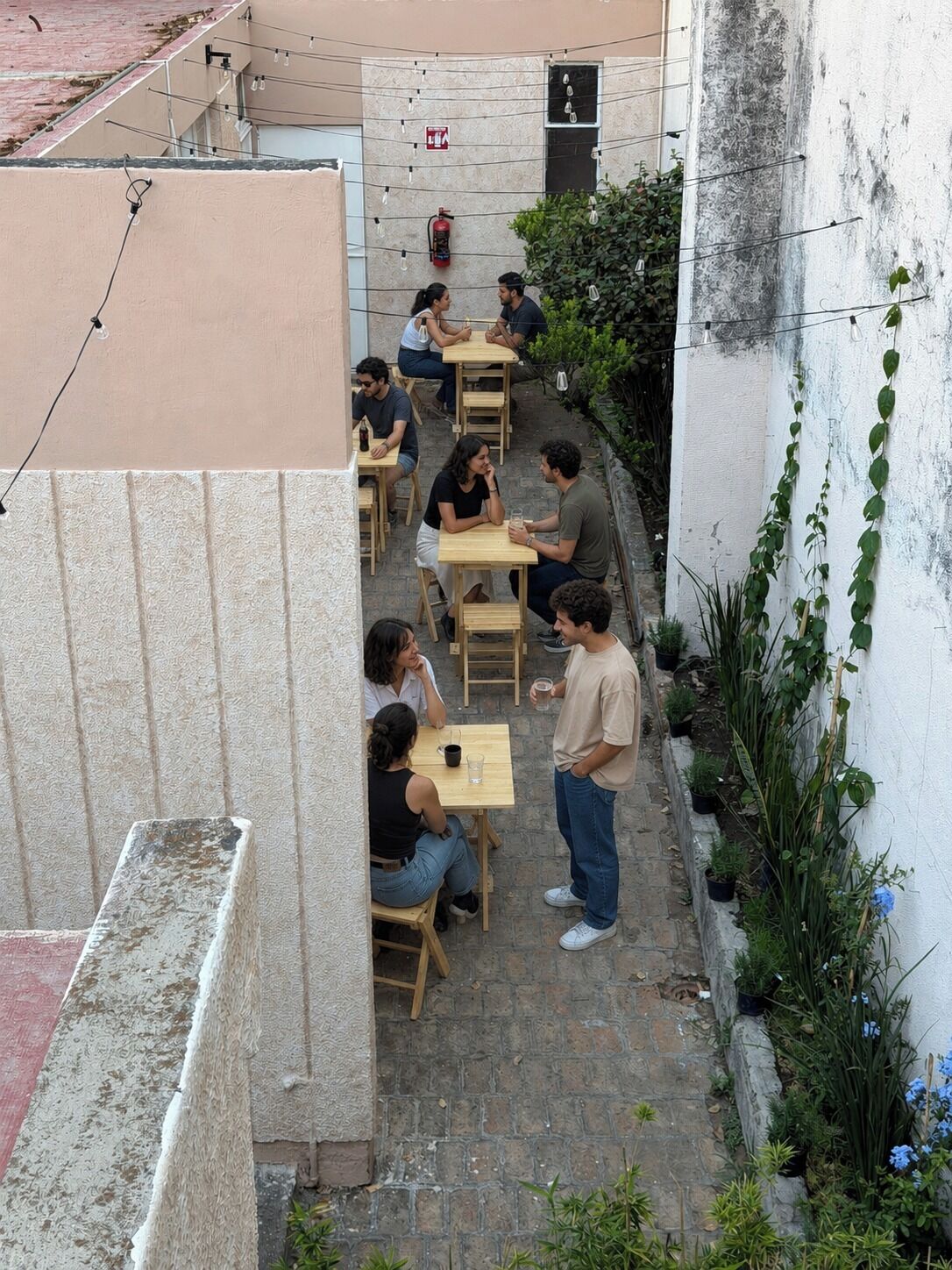 An outdoor café with wooden tables and chairs, surrounded by greenery and a white wall.