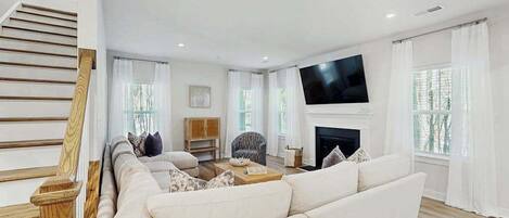 TV, fireplace, foosball, offices