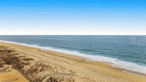Ein Strand mit einer Umzäunung, Sanddünen und blauem Himmel.