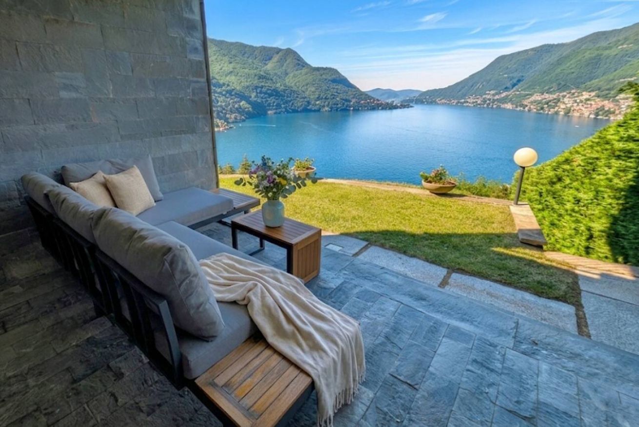 Een terras met een bank en tafel, met uitzicht op een meer en bergen.