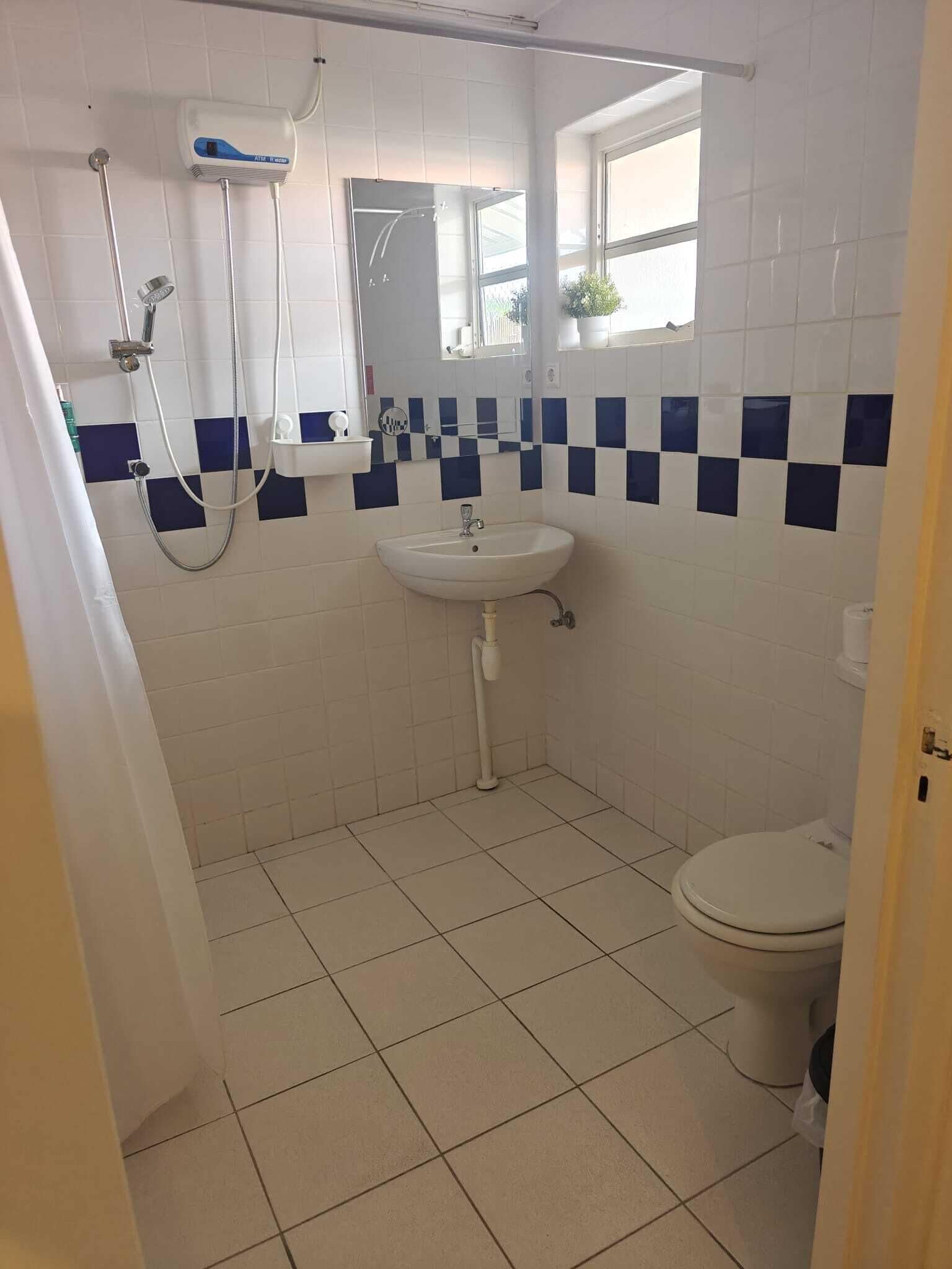 A bathroom with a white sink, a shower, a toilet, and a window.