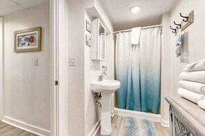 Shower, hair dryer - Charming apartment with water-view, patio, & full kitchen (Ocean City)