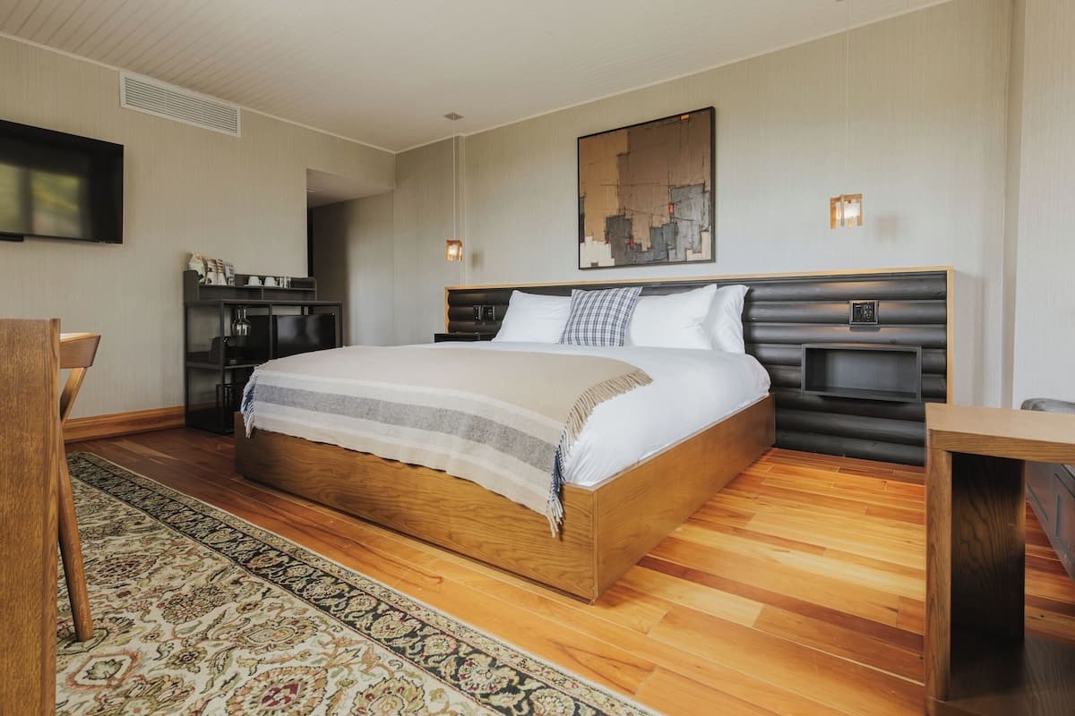 Una habitación de hotel moderna con una cama grande, un cabecero de madera, un televisor de pantalla plana, una mesita de noche y una alfombra decorativa.