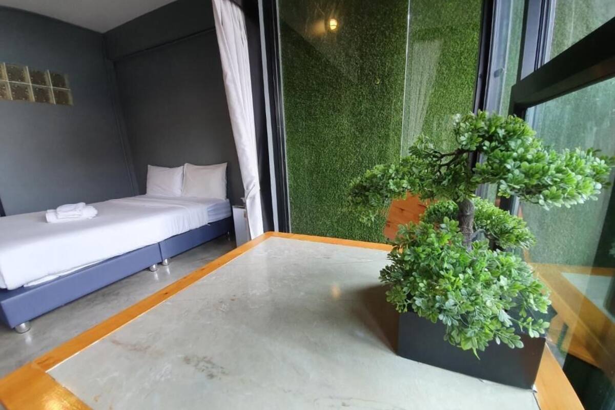 A hotel room with a bed, a small table, and a potted plant.