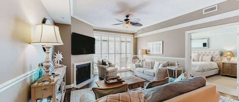 TV, fireplace, DVD player, offices