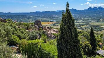 A mountainous landscape with a clear sky, rocky terrain, and dense vegetation.