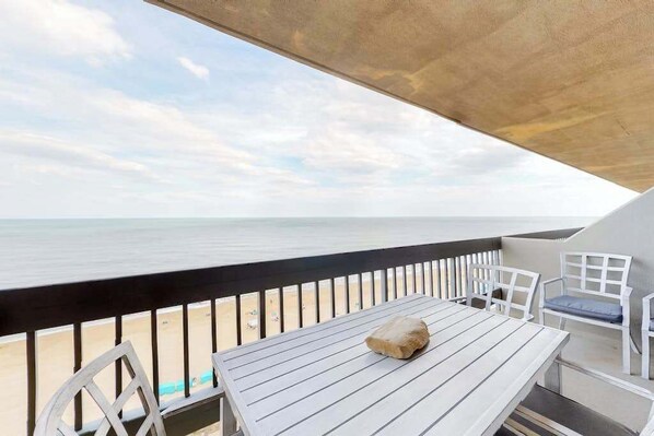 Outdoor dining - 14th-floor beach condo with a balcony, incredible views, indoor pool, & gym (Ocean City)