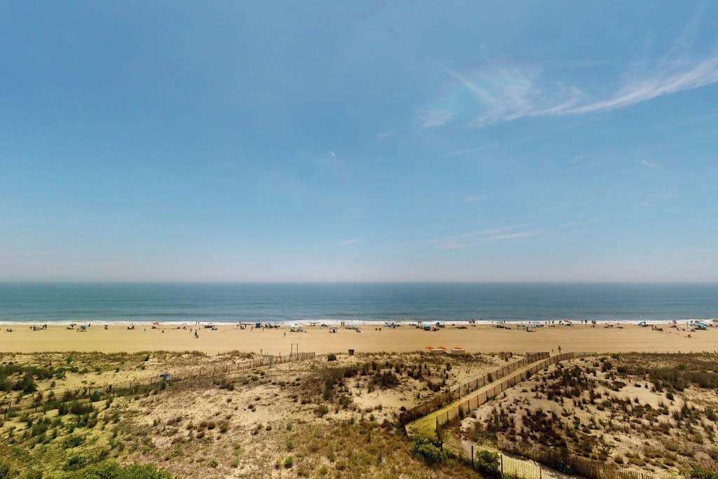 Een strand met heldere lucht, zandstrand en schaarse begroeiing.