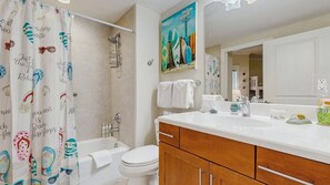 Shower, hair dryer, towels - Ocean-view condo with balcony, central AC, W/D, pool, gym & coastal decor (Ocean City)