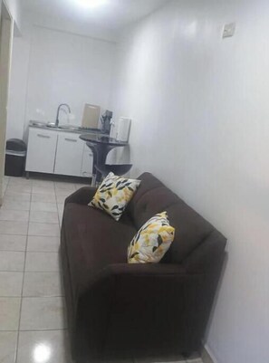 Sala de estar con sofá marrón, dos cojines estampados, zona de cocina con lavaplatos y armarios, y piso de baldosas.