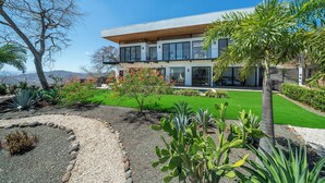 Une maison moderne à deux étages, dotée d’un jardin aménagé comprenant un cactus et un palmier.