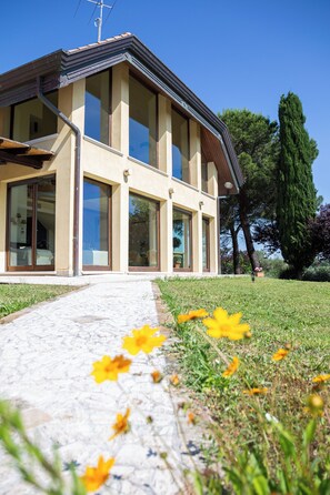 Una moderna casa a due piani con ampie finestre, vialetto lastricato e prato con fiori gialli.