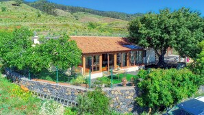 A house with a tiled roof, surrounded by greenery and a stone wall. - Casa El Algarrobo – Home above the clouds with sea views (Puntagorda)