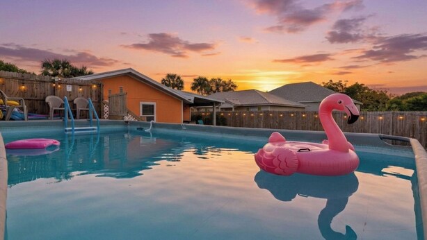 A swimming pool with a pink flamingo float, a slide, and a wooden fence. - Pool/Hot Tub/Golf Cart + 3 Min Stroll to Beach (Panama City)