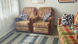 A living room with patterned armchairs, a sofa, a rug, and two framed artworks on the wall.